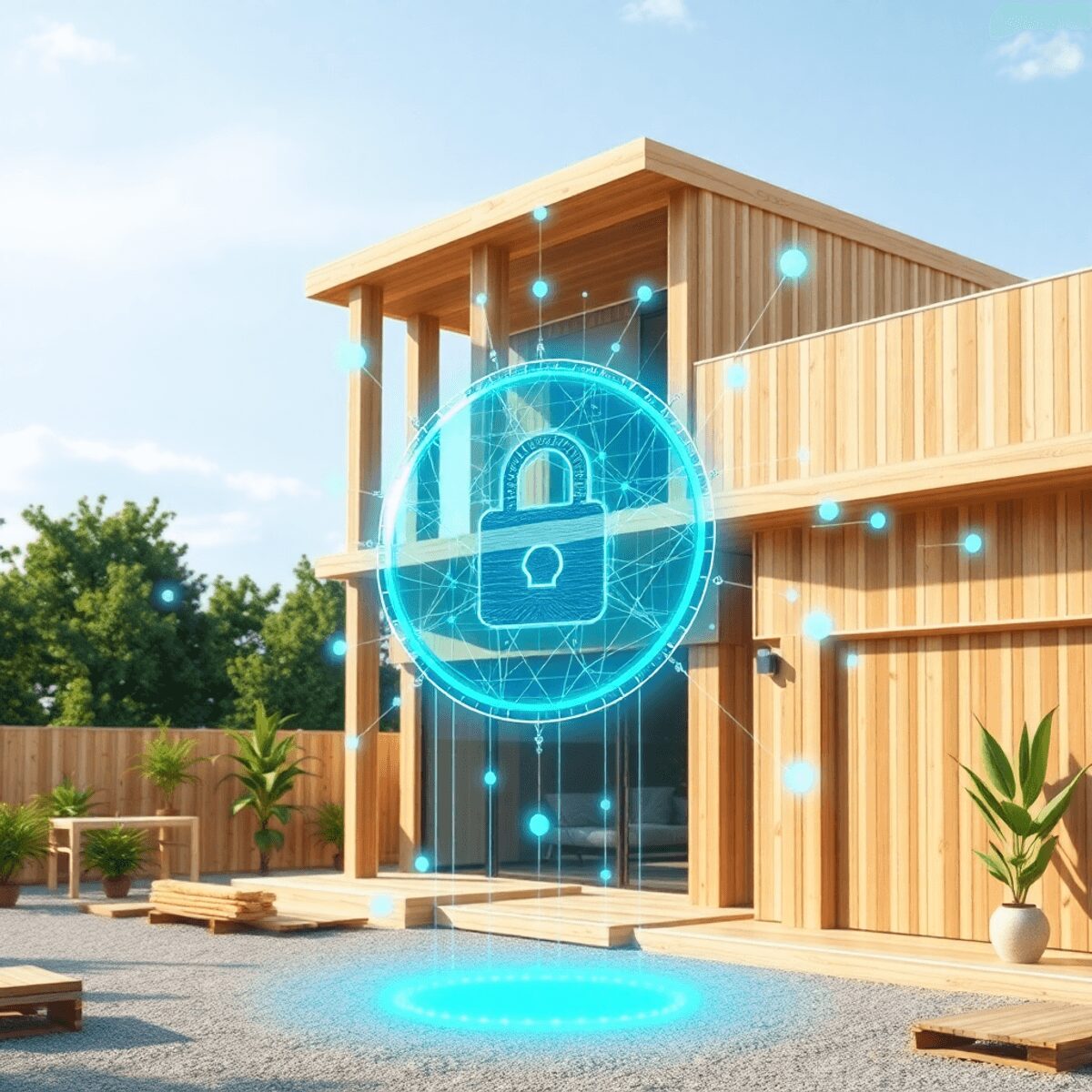 Chantier de construction avec des matériaux en bois et en chanvre, superposition numérique de blockchain, arbres verts et bâtiments durables dans u...