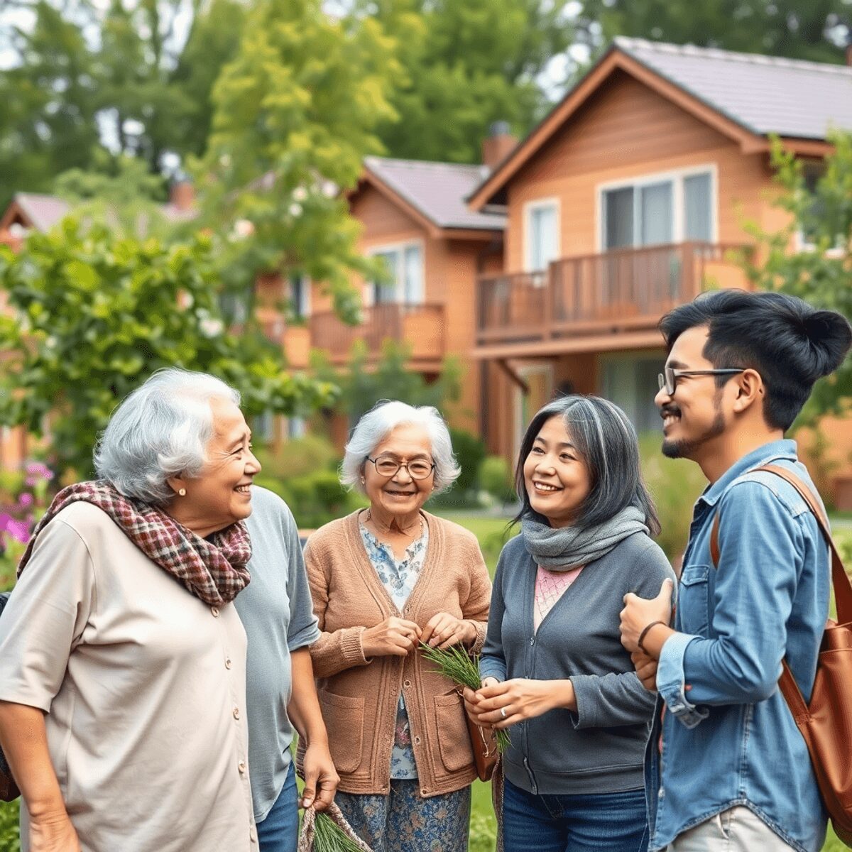 Communauté multigénérationnelle avec des maisons écologiques entourées de verdure, montrant des personnes âgées et des jeunes adultes interagissant...