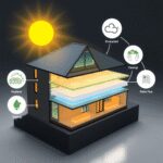 Coupe transversale d'un bâtiment moderne avec des couches d'isolation thermique lumineuses et des symboles d'efficacité énergétique, mettant en ava...