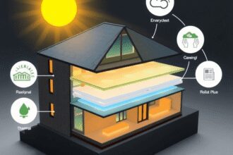 Coupe transversale d'un bâtiment moderne avec des couches d'isolation thermique lumineuses et des symboles d'efficacité énergétique, mettant en ava...