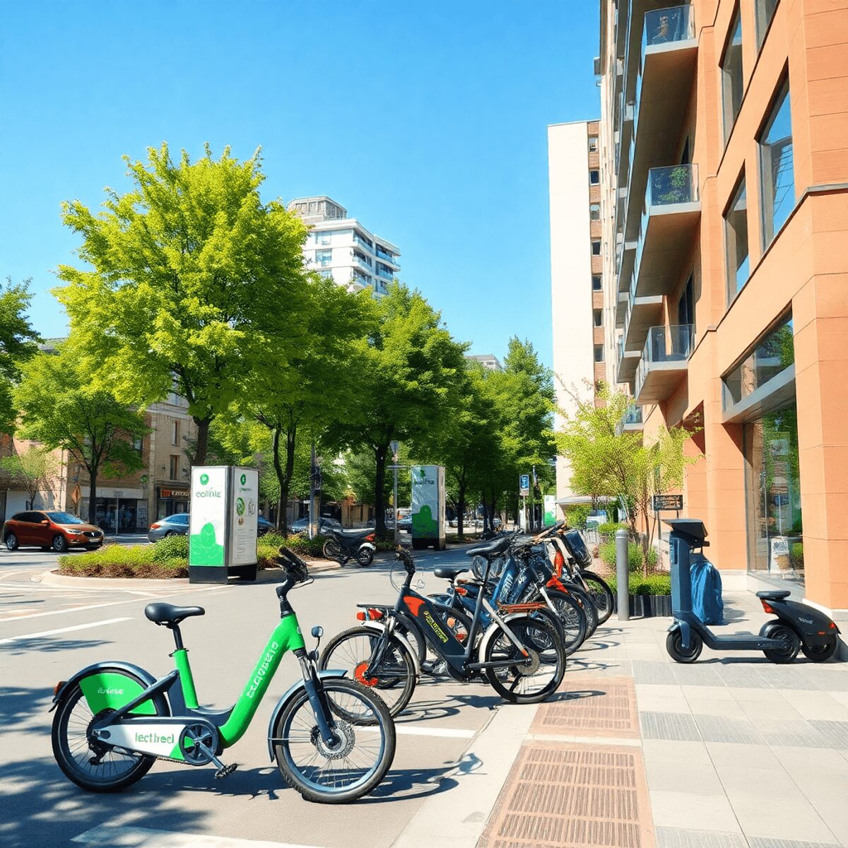 Des vélos et des trottinettes électriques stationnés à une station de docking moderne dans une rue urbaine animée avec des arbres verts et des bâti...