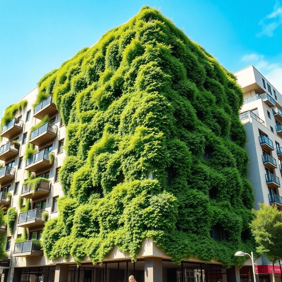 Façade de bâtiment urbain moderne avec des plantes grimpantes vertes luxuriantes et des jardins verticaux sous un ciel clair et ensoleillé.