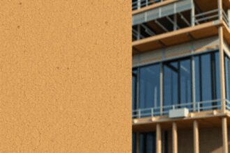 Gros plan sur des panneaux d'isolation en liège naturel montrant une texture cellulaire, avec un bâtiment moderne économe en énergie en constructio...