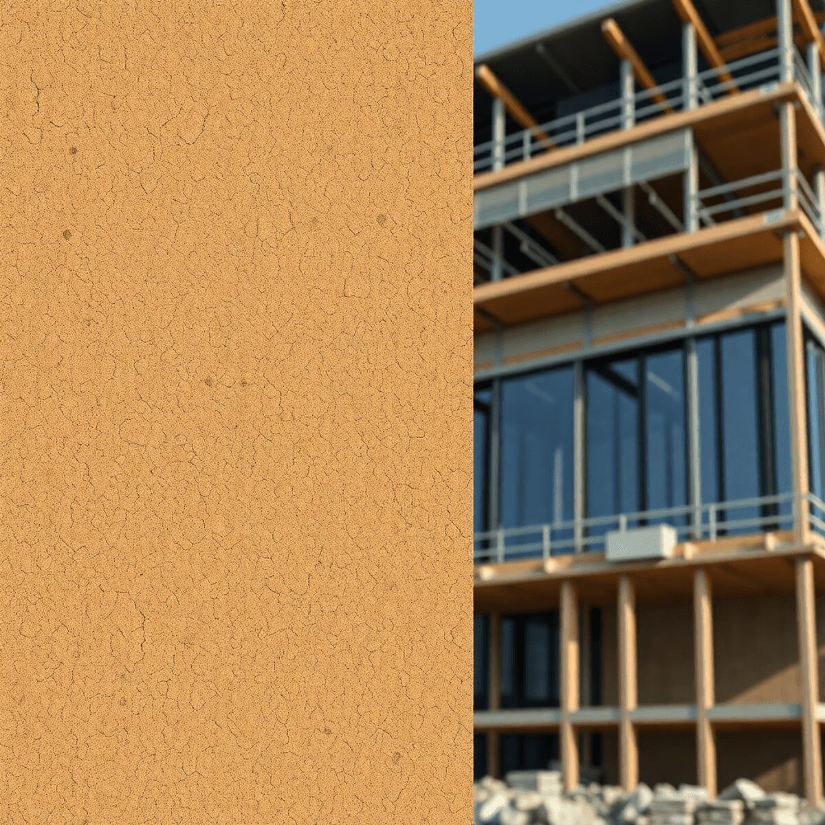 Gros plan sur des panneaux d'isolation en liège naturel montrant une texture cellulaire, avec un bâtiment moderne économe en énergie en constructio...