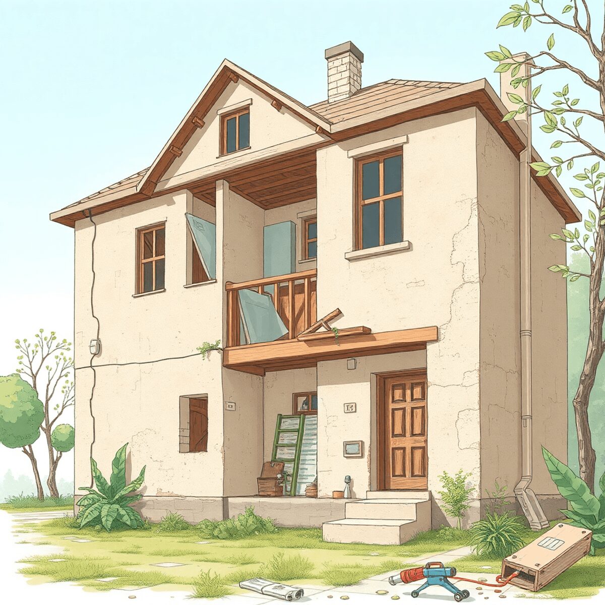 Illustration d'un vieux bâtiment sous inspection environnementale avec des détails structurels, des matériaux écologiques, des outils et un équipem...