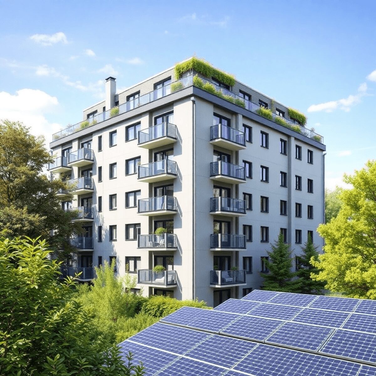 Immeuble d'appartements modernes avec panneaux solaires et verdure, représentant une rénovation de co-propriété durable et un logement respectueux ...