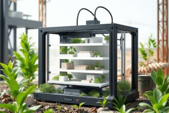 Imprimante 3D construisant un bâtiment écologique au milieu de plantes vertes et de matériaux recyclés sur un site de construction moderne et durable.