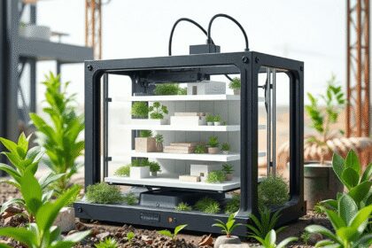 Imprimante 3D construisant un bâtiment écologique au milieu de plantes vertes et de matériaux recyclés sur un site de construction moderne et durable.