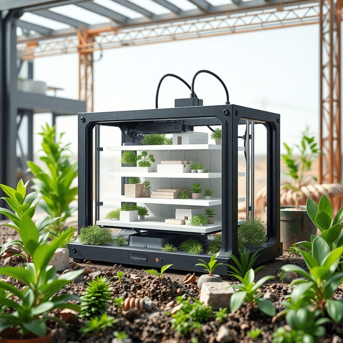 Imprimante 3D construisant un bâtiment écologique au milieu de plantes vertes et de matériaux recyclés sur un site de construction moderne et durable.