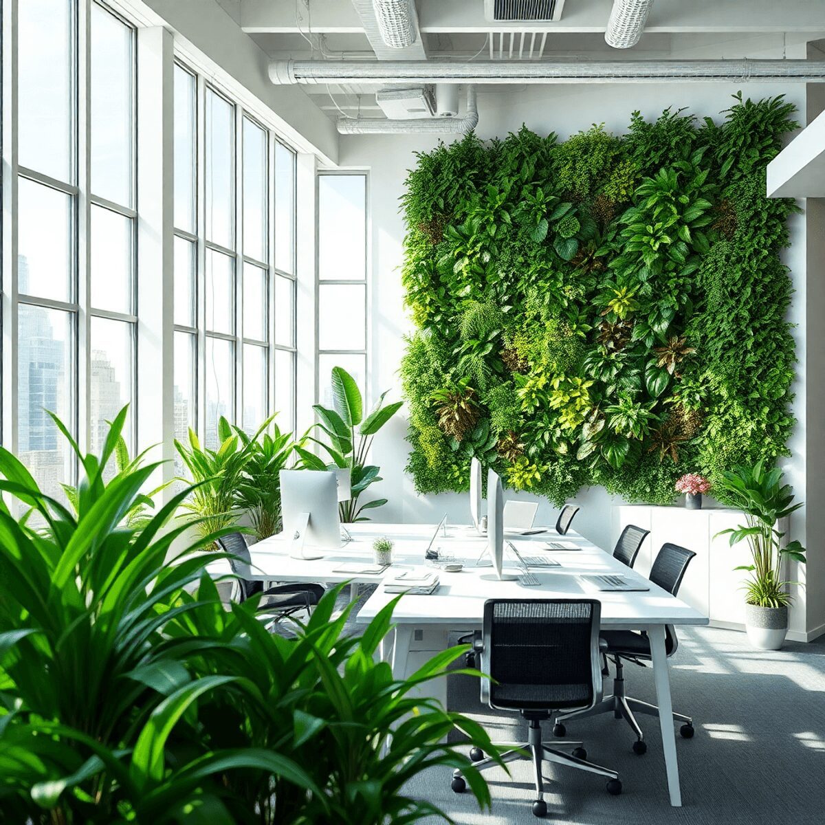 Intérieur de bureau moderne avec des murs verts verticaux luxuriants, des plantes vibrantes et de la lumière naturelle provenant de grandes fenêtre...