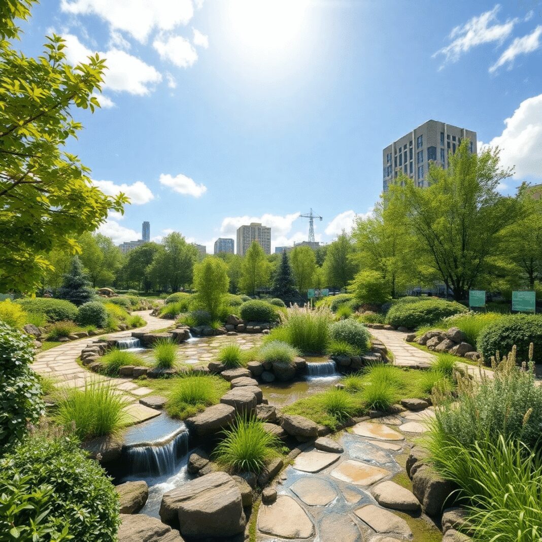 Parc urbain avec une végétation luxuriante, des jardins de pluie et des aménagements aquatiques durables sous un ciel ensoleillé, mettant en avant ...