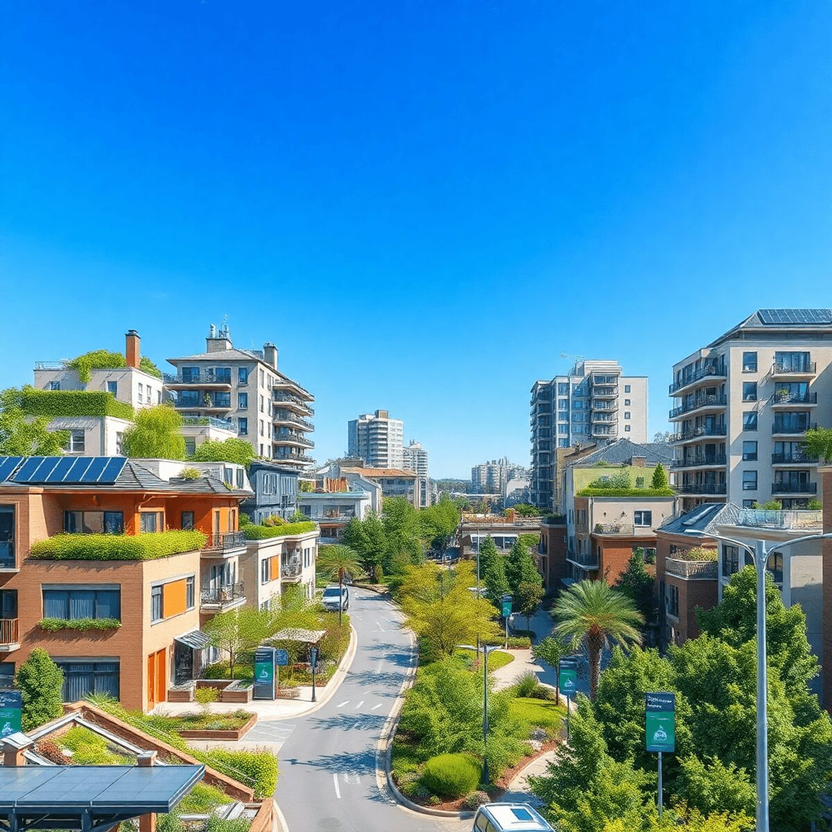Quartier urbain moderne et écologique avec des toits verts, des parcs, des panneaux solaires, des tableaux numériques et des lampadaires à faible c...