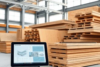 Site de construction moderne avec des poutres en acier empilées et des panneaux en bois, une tablette numérique affichant des données BIM au premie...