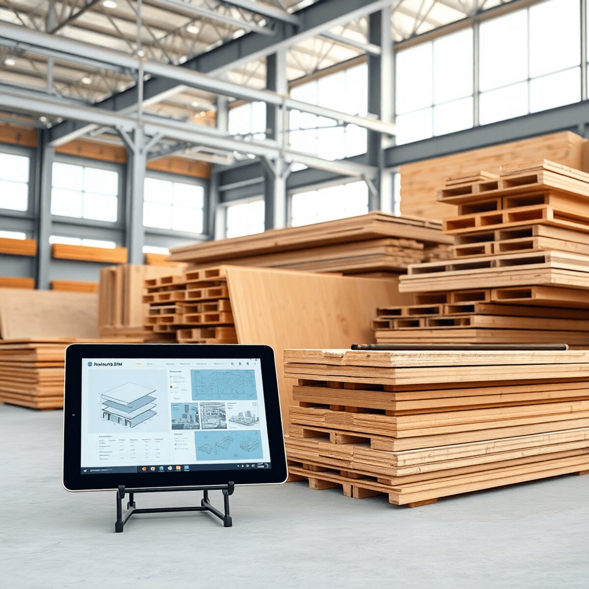 Site de construction moderne avec des poutres en acier empilées et des panneaux en bois, une tablette numérique affichant des données BIM au premie...