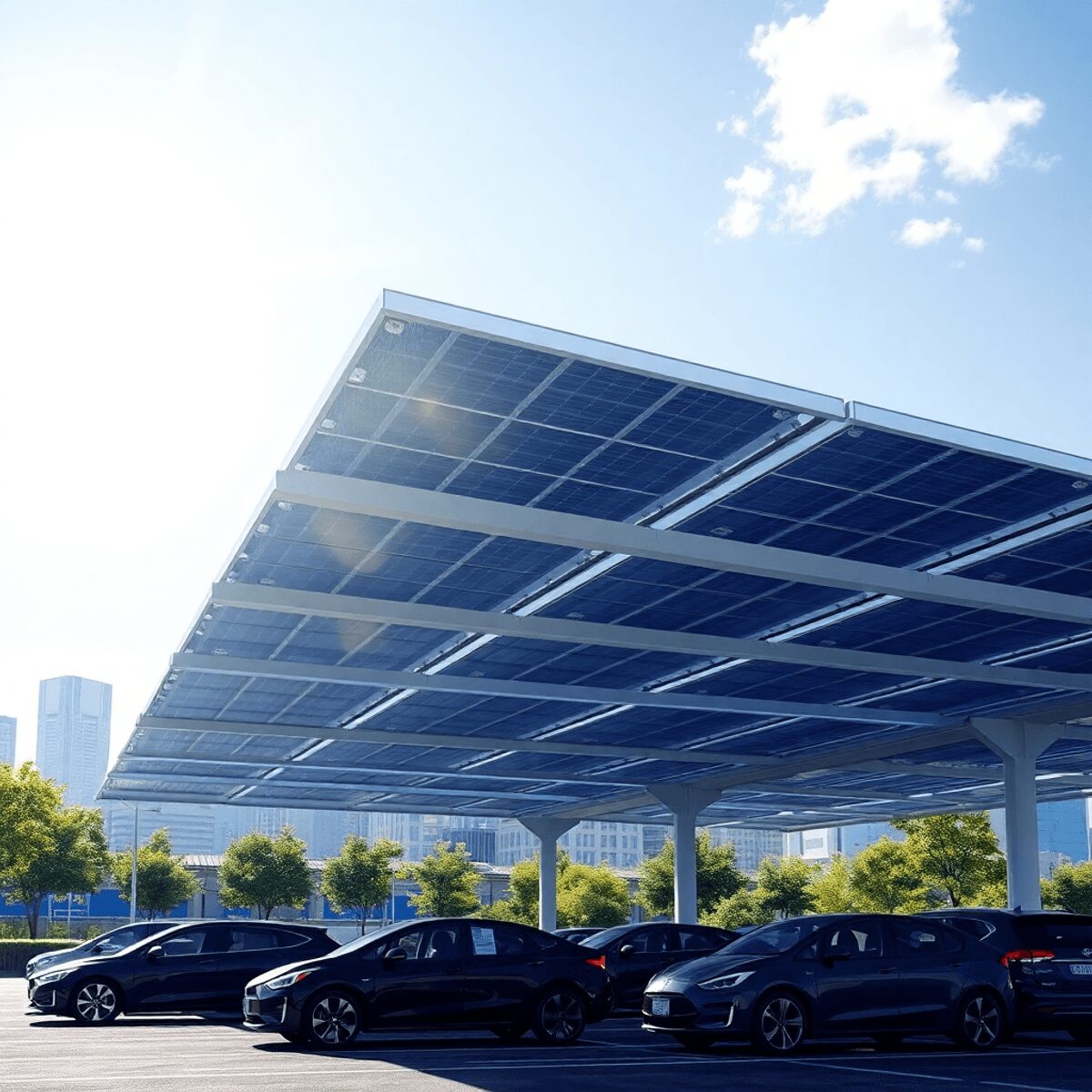 Terrain de stationnement urbain avec des auvents de panneaux solaires, voitures électriques garées en dessous, lumière du soleil éclatante, arbres ...