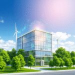 Un bâtiment intelligent moderne avec des panneaux solaires et des éoliennes, des superpositions numériques du flux d'énergie, entouré d'arbres vert...