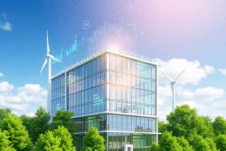 Un bâtiment intelligent moderne avec des panneaux solaires et des éoliennes, des superpositions numériques du flux d'énergie, entouré d'arbres vert...