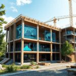 Un bâtiment moderne en construction avec des plans architecturaux holographiques numériques et des matériaux écologiques comme le bois et le béton.