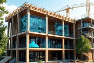 Un bâtiment moderne en construction avec des plans architecturaux holographiques numériques et des matériaux écologiques comme le bois et le béton.