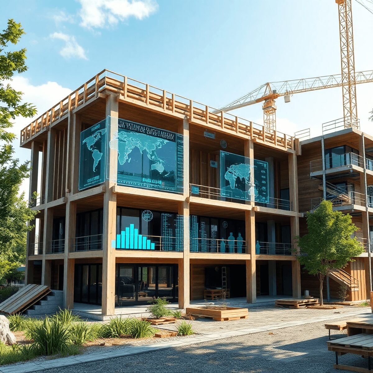 Un bâtiment moderne en construction avec des plans architecturaux holographiques numériques et des matériaux écologiques comme le bois et le béton.