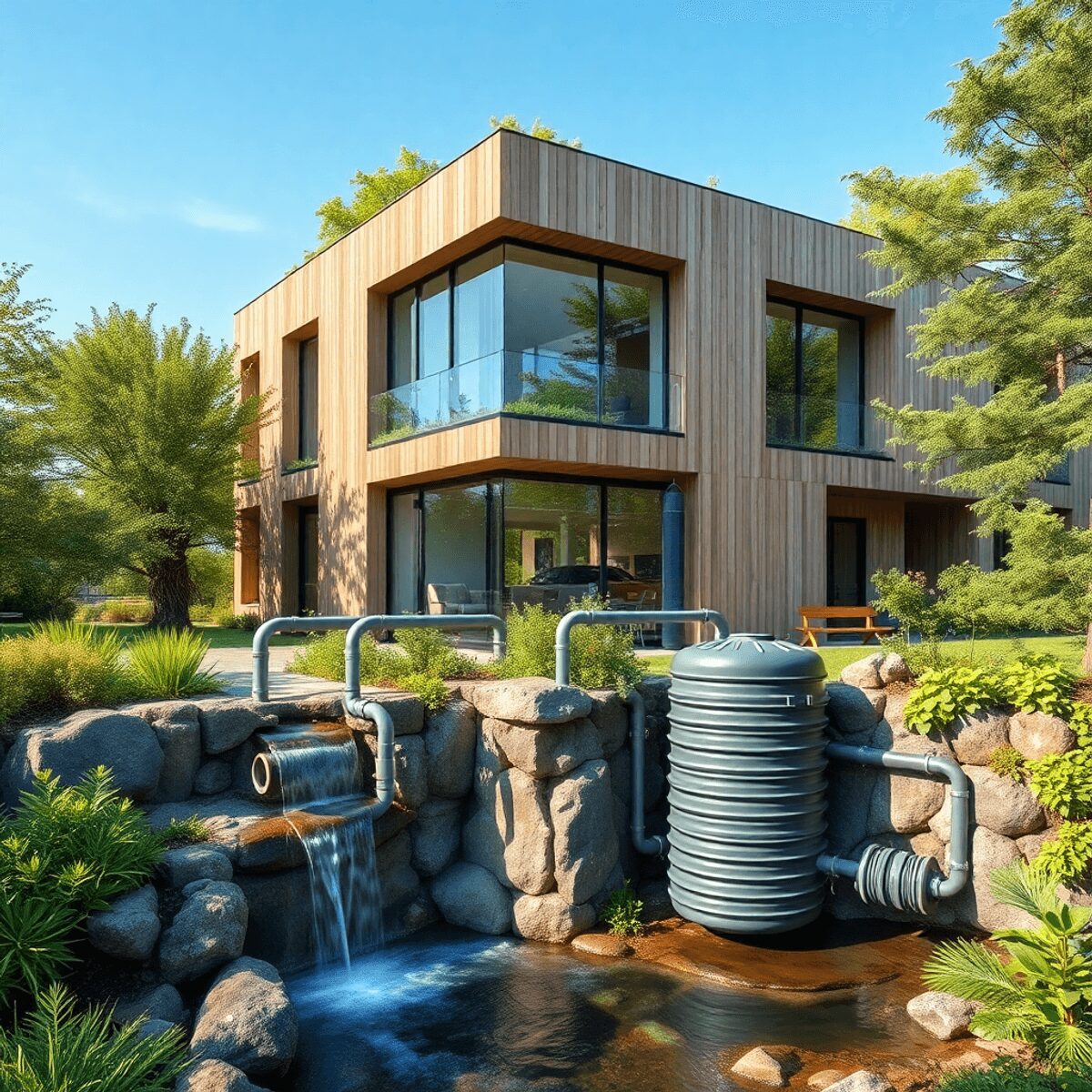 Un bâtiment moderne et durable avec de la verdure, présentant des tuyaux et des réservoirs d'eaux grises visibles pour le recyclage et la conservat...