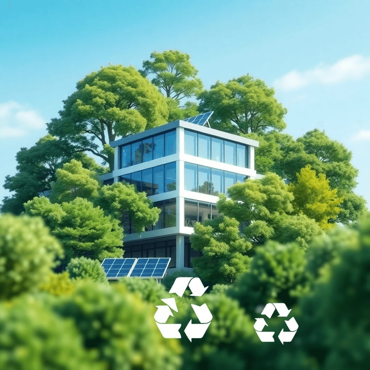Un bâtiment moderne et durable avec des panneaux solaires, entouré d'arbres verts et d'icônes écologiques, sous un ciel bleu clair.