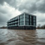 Un bâtiment moderne résistant aux inondations entouré d'eau montante sous un ciel orageux, illustrant l'adaptation au climat et la gestion des risq...