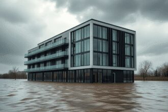 Un bâtiment moderne résistant aux inondations entouré d'eau montante sous un ciel orageux, illustrant l'adaptation au climat et la gestion des risq...
