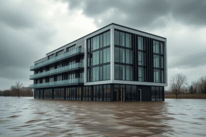 Un bâtiment moderne résistant aux inondations entouré d'eau montante sous un ciel orageux, illustrant l'adaptation au climat et la gestion des risq...