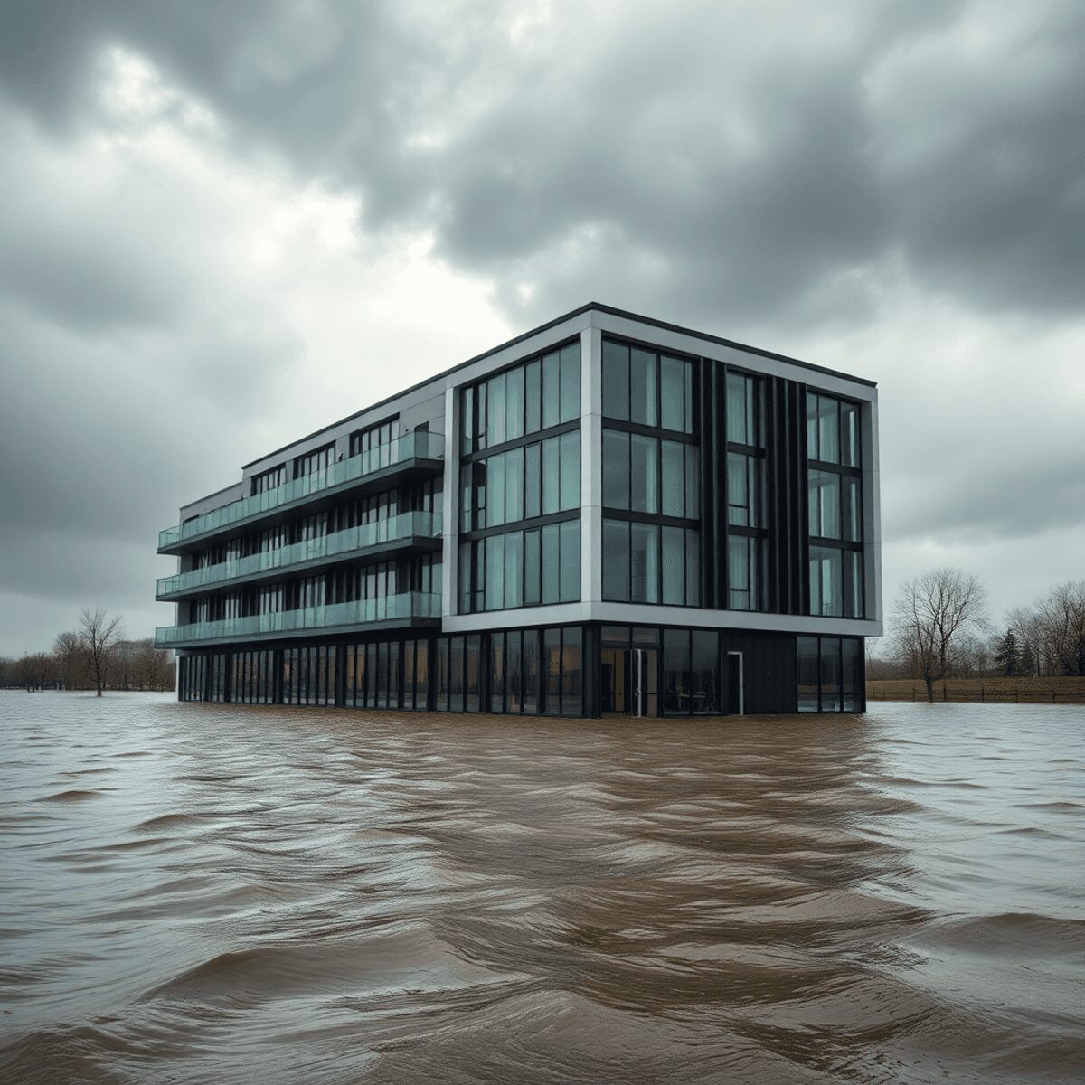 Un bâtiment moderne résistant aux inondations entouré d'eau montante sous un ciel orageux, illustrant l'adaptation au climat et la gestion des risq...
