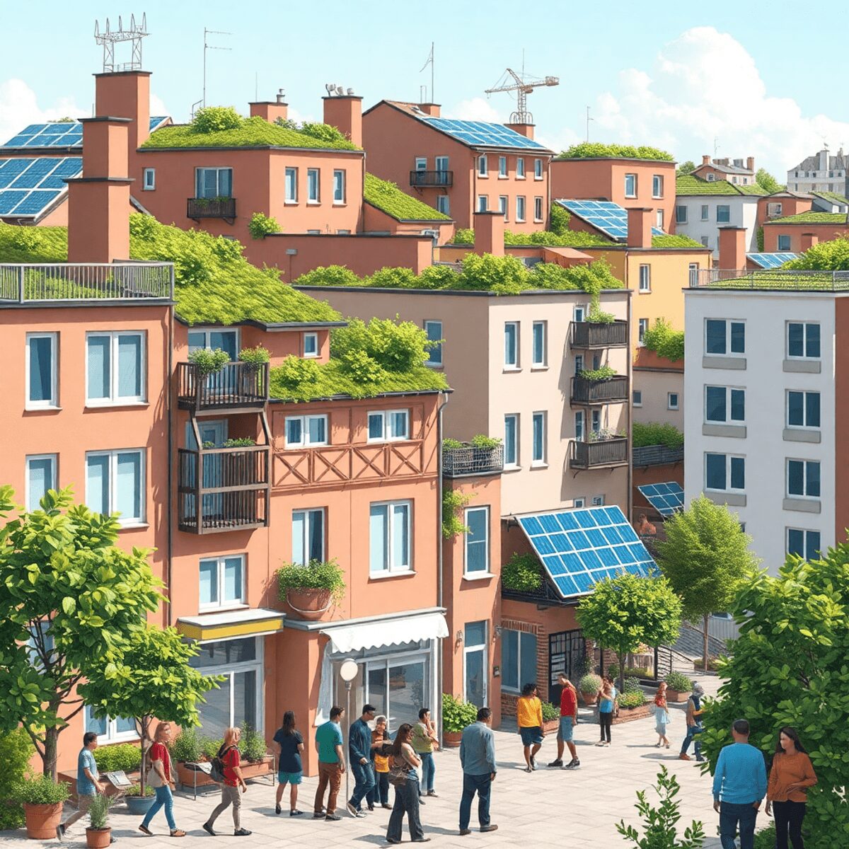 Un quartier urbain dynamique avec des bâtiments écologiques, des toits végétalisés, des panneaux solaires et des personnes diverses collaborant à l...