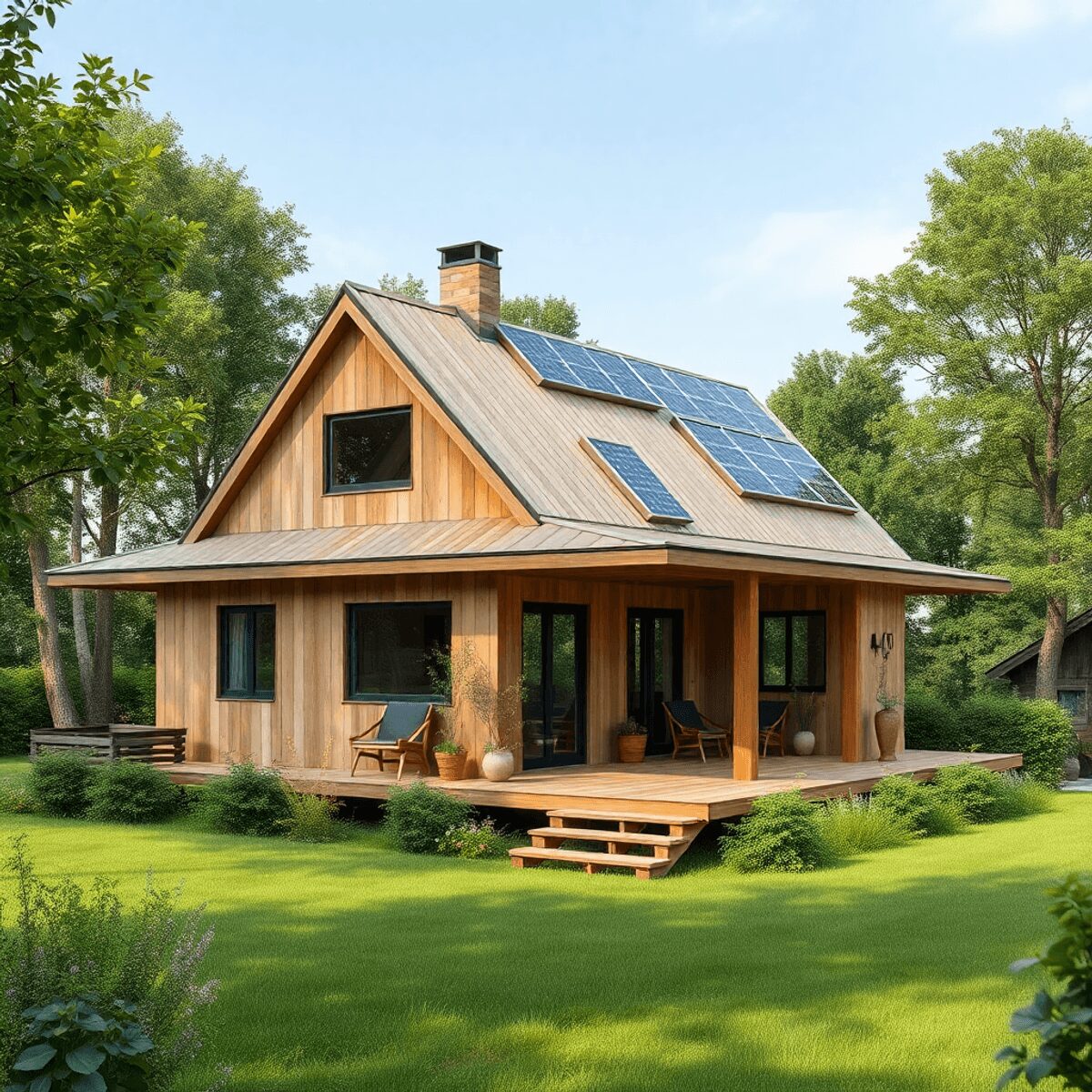 Une maison moderne écologique avec des panneaux solaires, entourée de verdure, mettant en valeur des matériaux durables et un design écoénergétique.