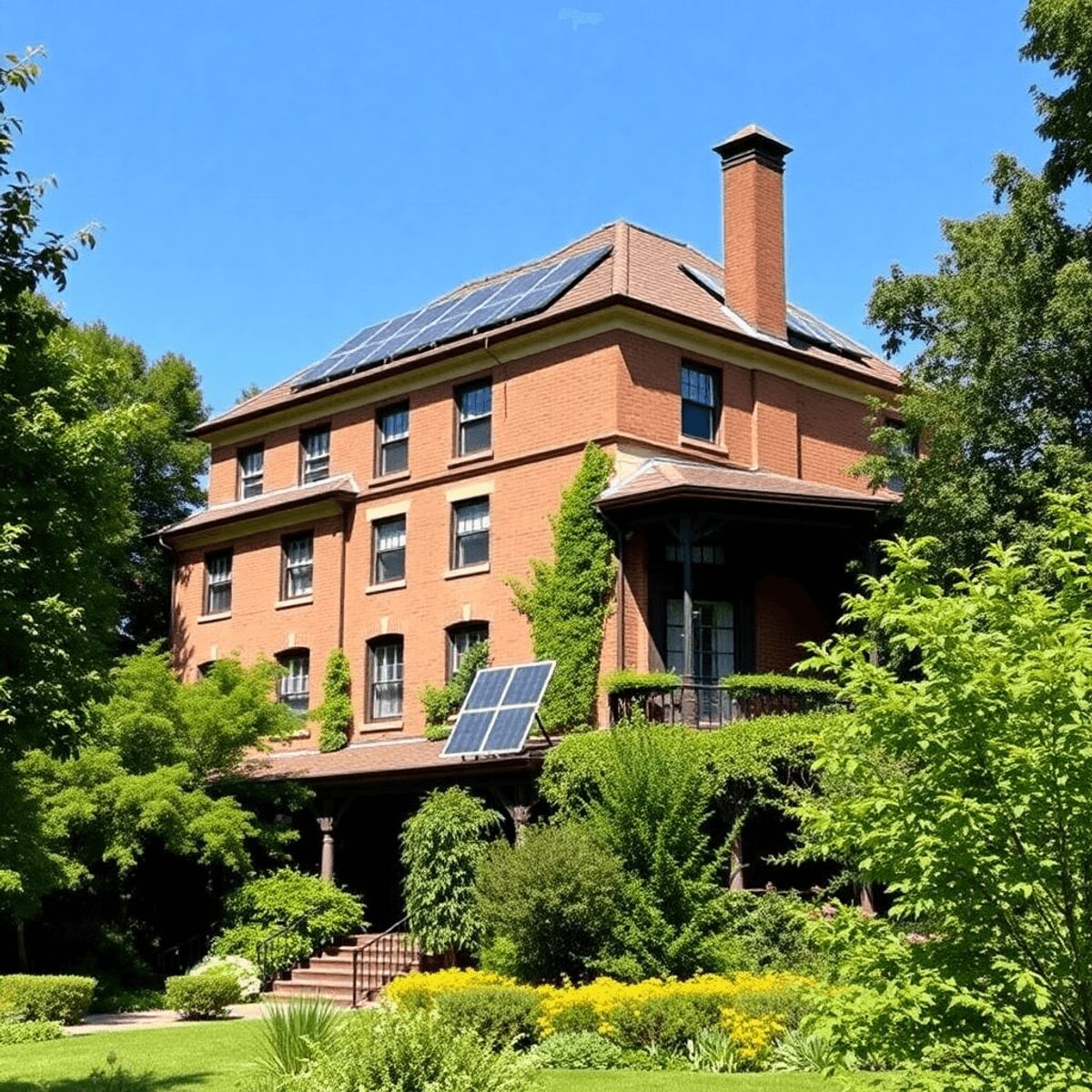 Bâtiment historique avec des panneaux solaires et de la verdure, présentant des rénovations écologiques sous un ciel bleu clair.