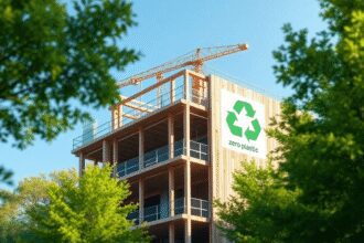 Bâtiment moderne écologique en construction avec du bois et du métal, entouré d'arbres verts, symboles de recyclage et de zéro plastique, sous un c...