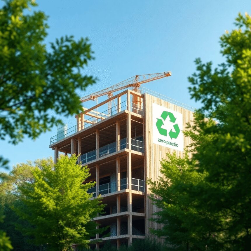 Bâtiment moderne écologique en construction avec du bois et du métal, entouré d'arbres verts, symboles de recyclage et de zéro plastique, sous un c...