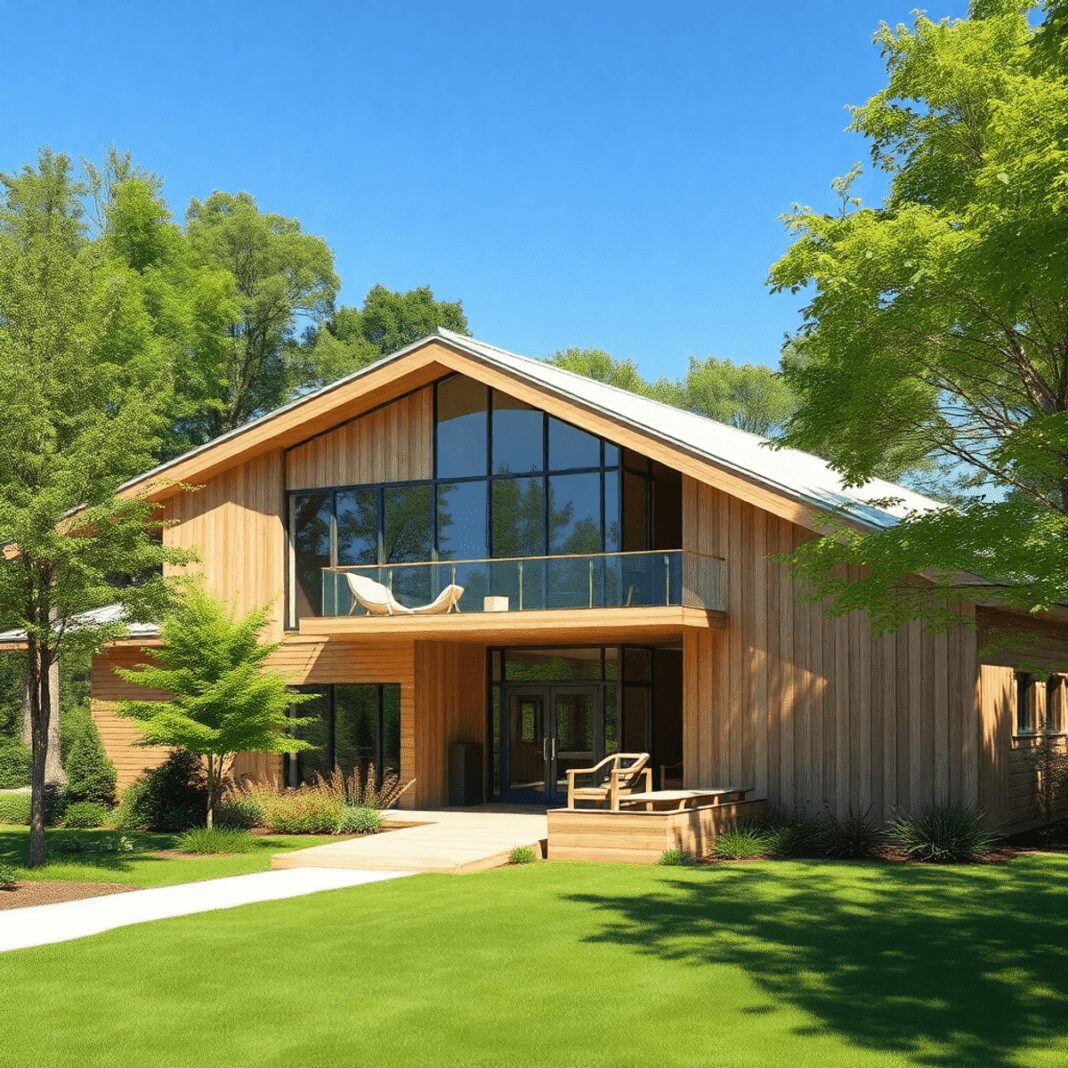 Écoconstruction et architecture inclusive : adapter le bâti à tous les publics Bâtiment moderne en bois écologique avec des rampes, des entrées larges, entouré d'une verdure luxuriante sous un ciel bleu clair.