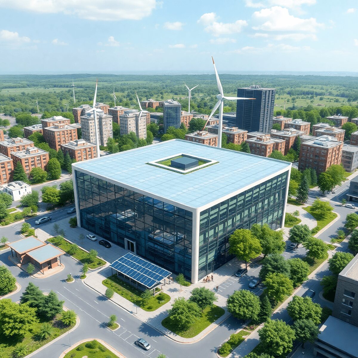 Centre de données moderne et écologique dans une ville, entouré d'espaces verts, de panneaux solaires, d'éoliennes et de bâtiments durables, symbol...