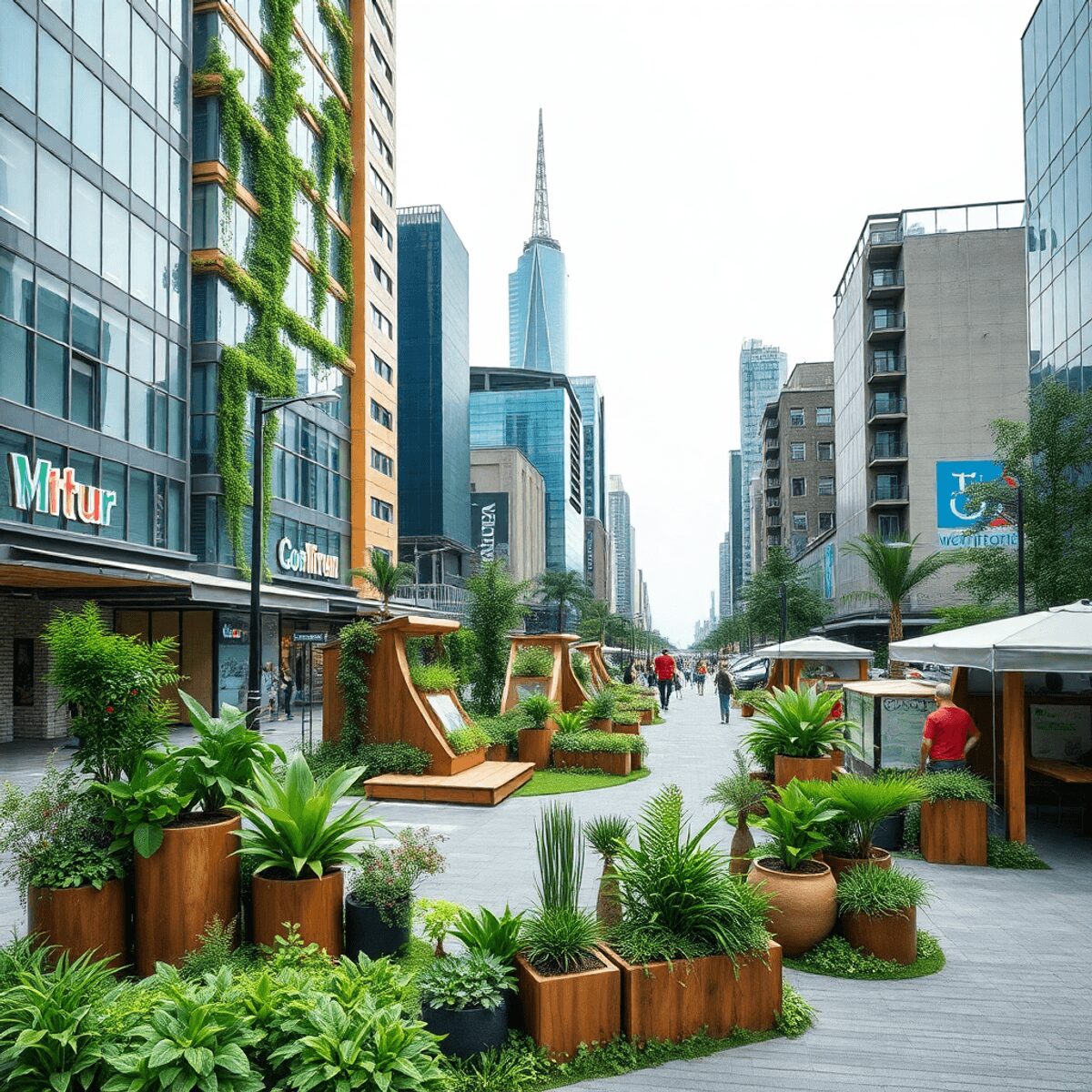 Centre-ville avec des installations urbaines durables, des plantes vertes et des éléments de design écologiques dans un cadre moderne et éco-consci...