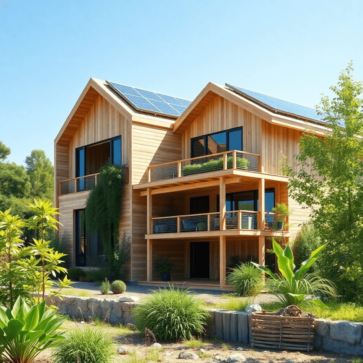 Chantier de construction avec des matériaux en bois écologiques, une isolation naturelle, des panneaux solaires, des plantes vertes et un ciel bleu...