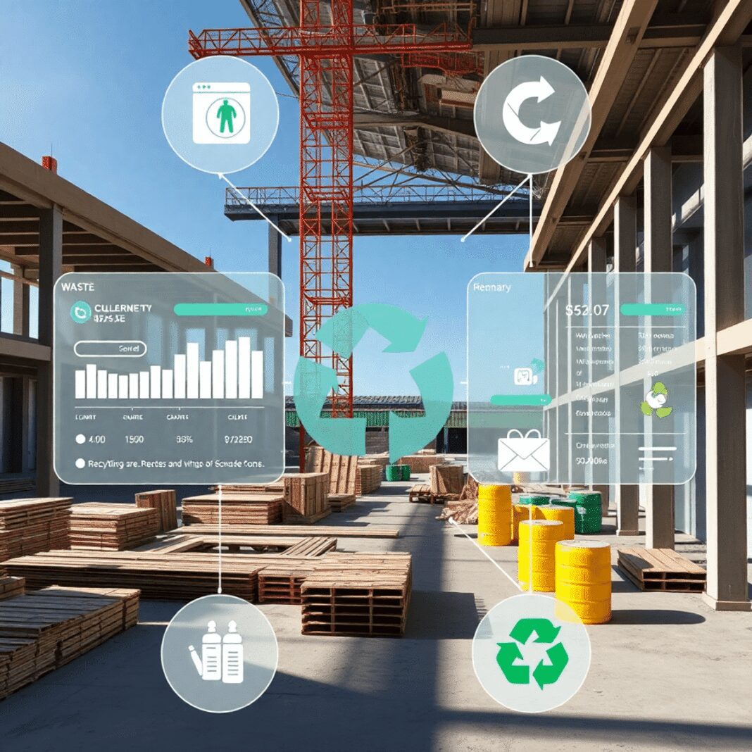 Chantier de construction avec des superpositions numériques affichant le suivi des déchets en temps réel et des données de recyclage, mettant en av...