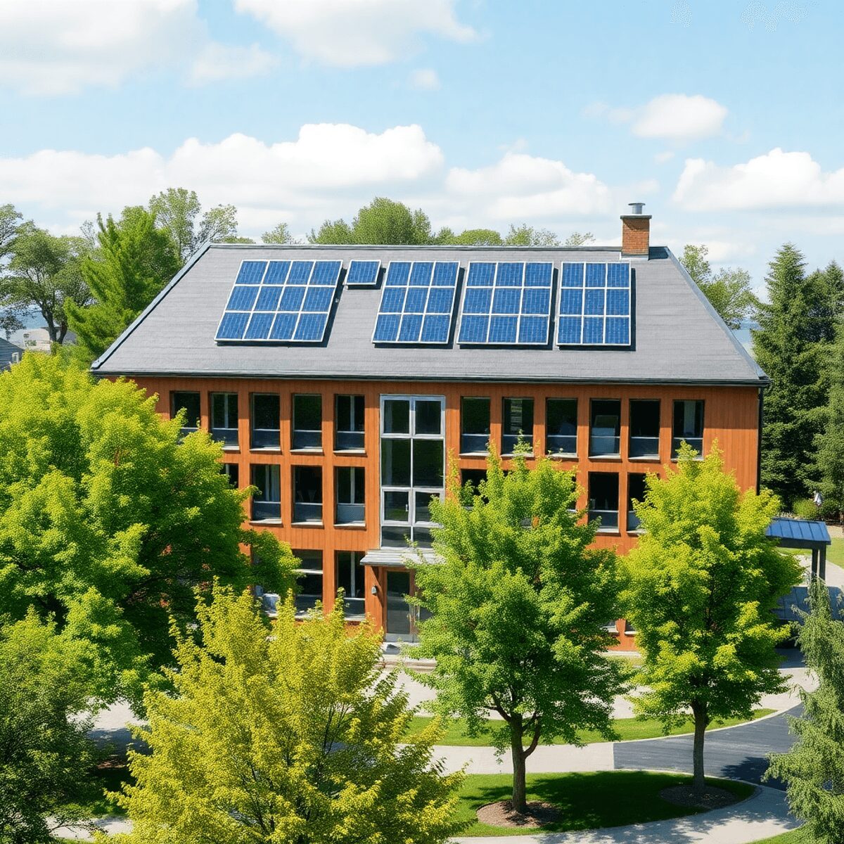 École moderne écologique avec des panneaux solaires sur le toit, entourée d'arbres verts, mettant en valeur les efforts de rénovation durable et de...