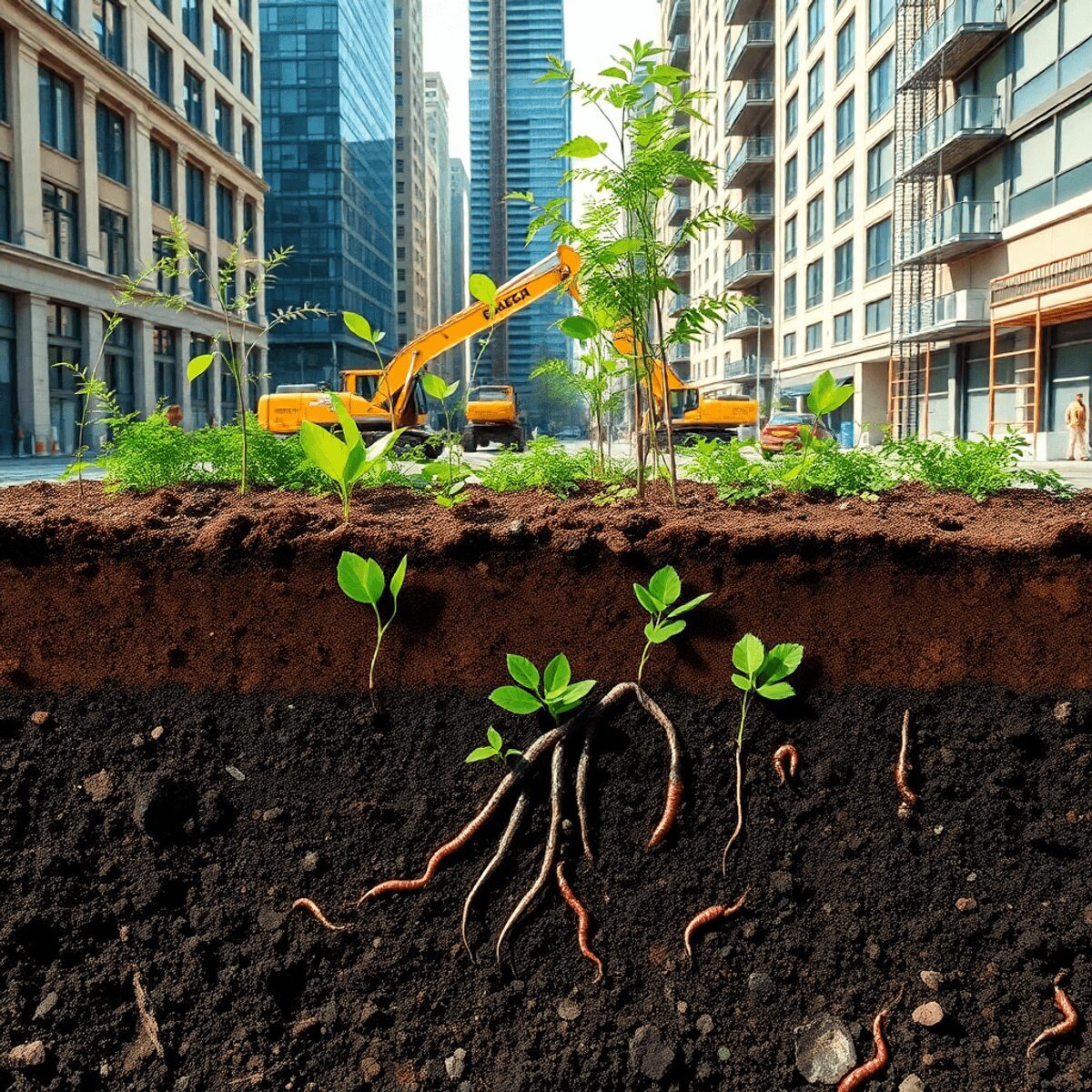 Espace vert urbain avec un sol sain, des racines visibles, des vers de terre et des microbes en dessous, entouré de bâtiments de la ville et d'équi...