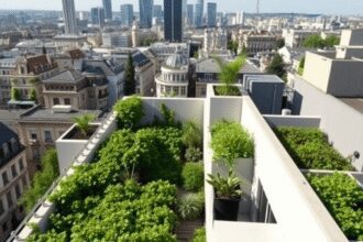 Jardin sur le toit avec des fermes verticales sur un bâtiment moderne, situé en contrebas d'une ligne d'horizon de ville featuring une architecture...