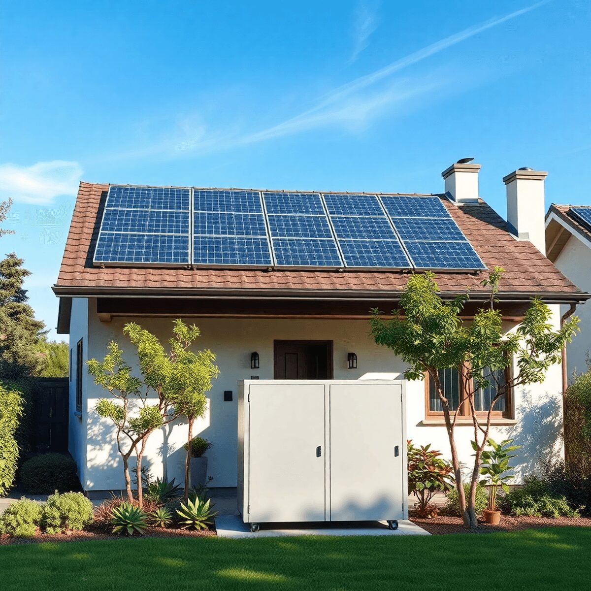 Maison moderne avec panneaux solaires et unité de batterie, entourée de verdure sous un ciel bleu éclatant, symbolisant l'énergie renouvelable et l...