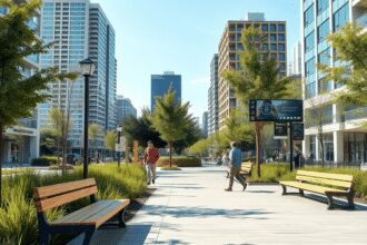 Parc urbain avec du mobilier de rue recyclé et écologique, des fonctionnalités technologiques intelligentes, de la verdure et des bâtiments urbains...
