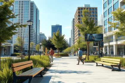Parc urbain avec du mobilier de rue recyclé et écologique, des fonctionnalités technologiques intelligentes, de la verdure et des bâtiments urbains...