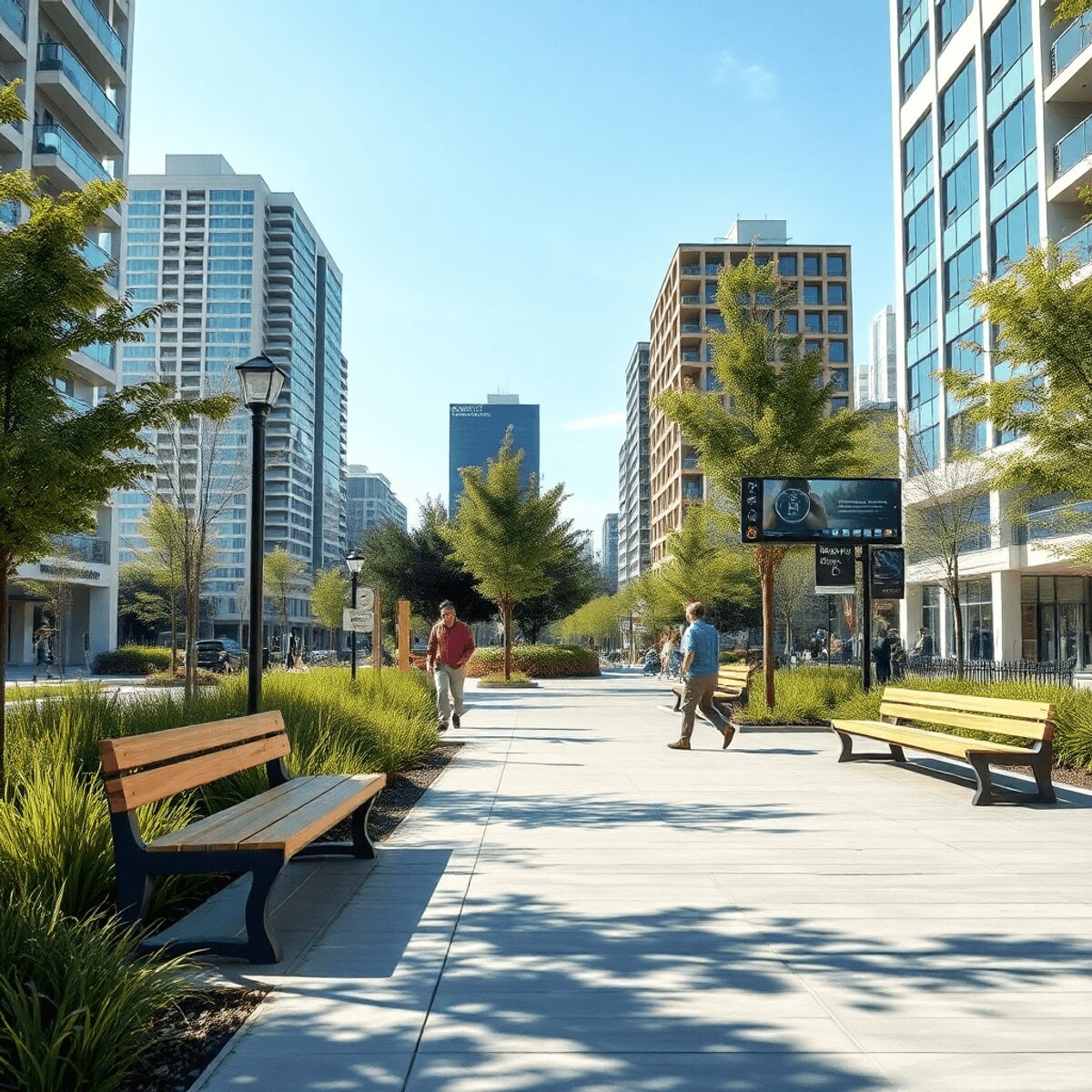 Parc urbain avec du mobilier de rue recyclé et écologique, des fonctionnalités technologiques intelligentes, de la verdure et des bâtiments urbains...