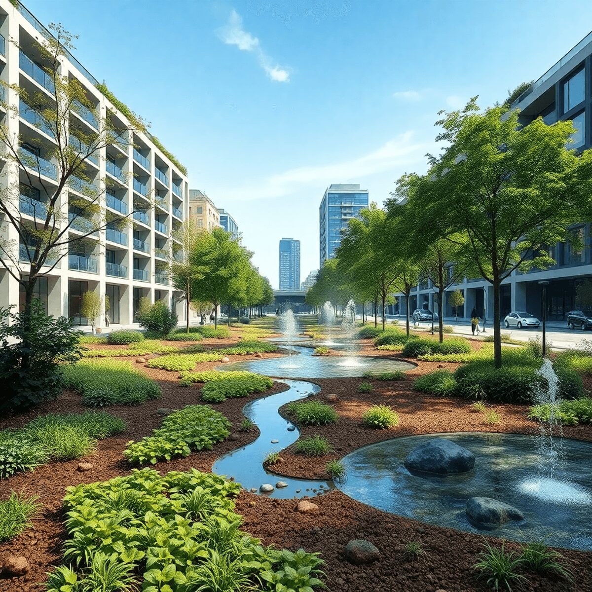 Parc urbain avec sol perméable, verdure, arbres, éléments aquatiques et bâtiments modernes durables avec toits végétalisés sous un ciel bleu clair.