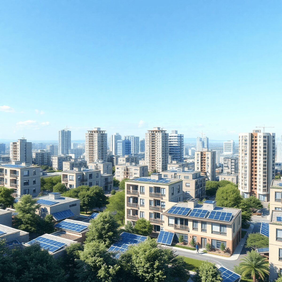 Paysage urbain moderne avec des bâtiments préfabriqués écologiques, des panneaux solaires, des espaces verts et un ciel dégagé, mettant en valeur u...