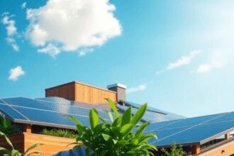 Toit-terrasse avec des panneaux solaires élégants, des plantes vertes et des éléments en bois sous un ciel bleu vif, mettant en valeur un design ur...